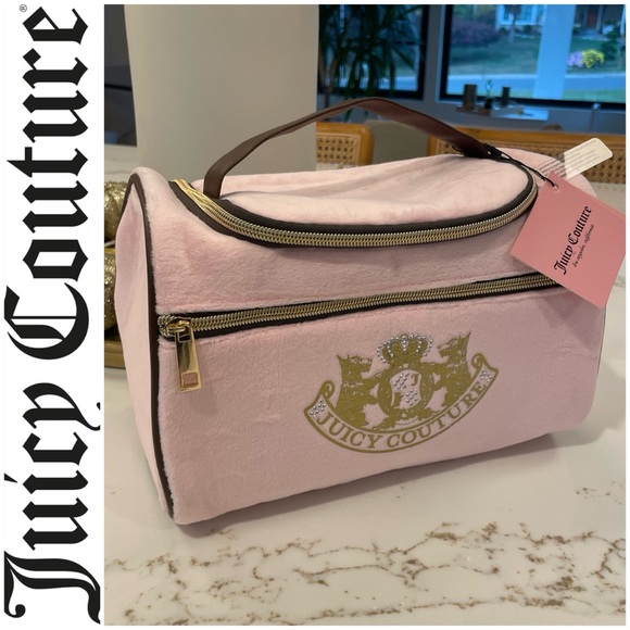 Juicy Couture Handbags - Juicy Couture pink velvet & brown travel cosmetic bag, hanging case with pockets
